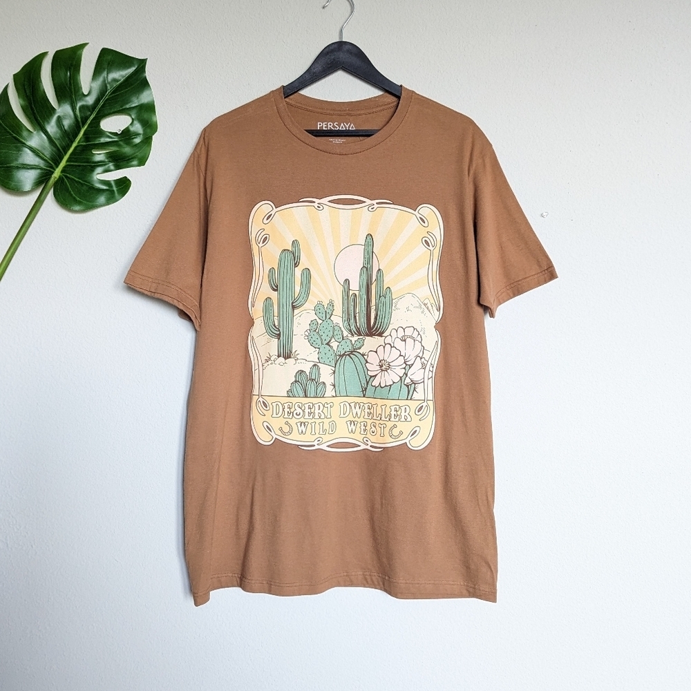 Light brown green pink Western desert scenery oversized short sleeve top size L